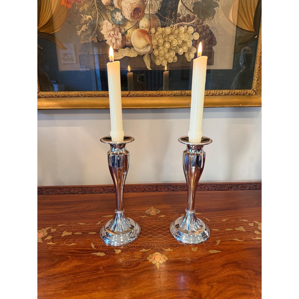 Bombay Silver Tone Candlestick Holders • Set of 2 Fluted Taper Candle Holders - Picture 5 of 16